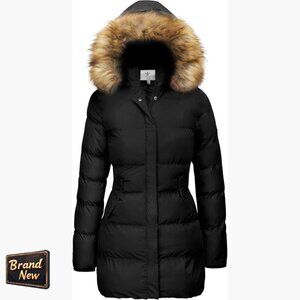 Women's Winter Puffer Coat with Removable Faux Fur Hood Slim Fit